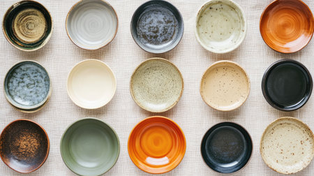 Explore a stunning arrangement of colorful handmade ceramic bowls showcasing various textures and glazes. Perfect for enhancing any dining experience.の素材