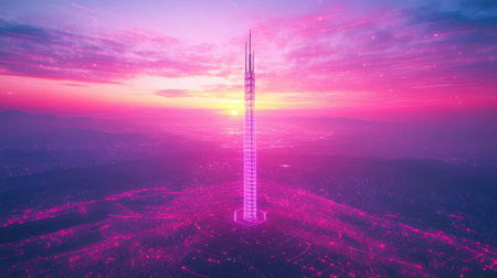 A stunning futuristic tower towers against a vibrant sunset, illuminated in neon hues of pink and purple, creating a mesmerizing cityscape that captivates the imagination.の素材