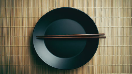 A minimalist black plate paired with wooden chopsticks rests on a textured bamboo mat, creating a stylish dining setting perfect for Asian cuisine.の素材