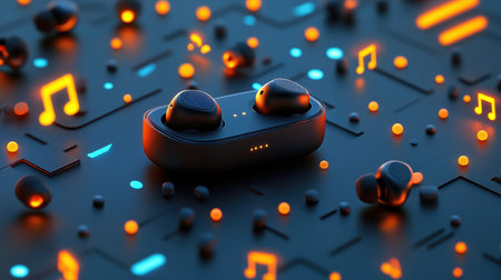 This visually striking image features stylish wireless earbuds placed on a sleek background filled with vibrant sound elements, highlighting modern audio technology.の素材