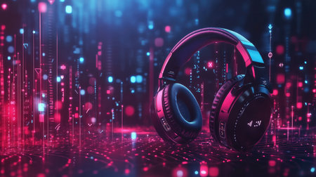 This stunning image features a pair of futuristic headphones set against a vibrant digital background of neon lights. Perfect for themes of technology and innovation.の素材