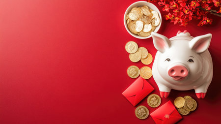 A delightful scene featuring a ceramic piggy bank surrounded by coins and festive red envelopes. The vibrant red background symbolizes luck and prosperity, perfect for celebrations.の素材
