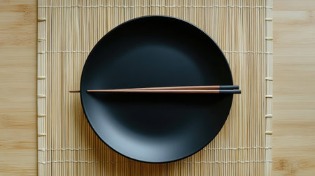 This elegant black plate rests on a bamboo mat, accompanied by stylish chopsticks. Perfect for showcasing Asian cuisine in a modern dining setting.の素材