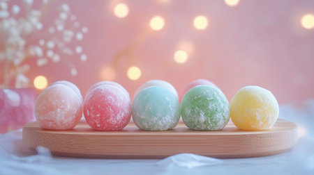 Delightful assortment of colorful sweet treats displayed on a wooden plate. Soft, blurred background creates a warm, inviting atmosphere for food lovers.の素材