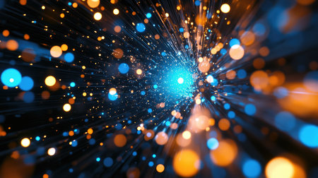 This captivating image features a burst of blue and orange light particles, creating an abstract dynamic background that evokes energy and creativity.の素材