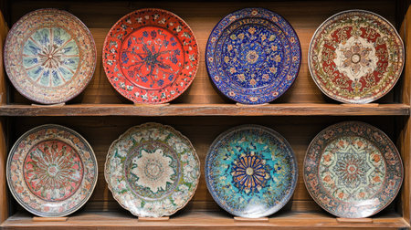 A stunning collection of eight ornate ceramic plates displayed on wooden shelves, showcasing intricate patterns and rich colors that reflect traditional craftsmanship and artistic heritage.の素材