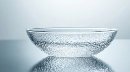 Clear glass bowl features a textured surface and a reflective quality, perfect for modern dining settings or artistic decor. Ideal for culinary presentations or display.の素材