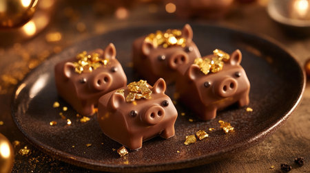 Delight in these charming chocolate pig treats topped with gold flakes, perfect for festive occasions and celebrations. A sweet indulgence!の素材