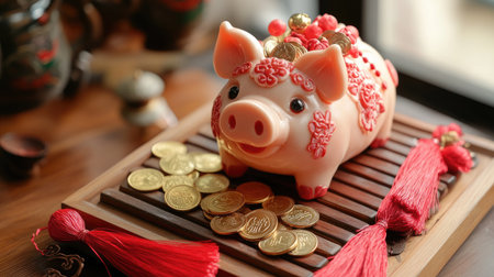 A beautifully designed decorative piggy bank adorned with red tassels and coins symbolizes prosperity and good fortune. Perfect for festive displays.の素材