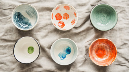 A captivating arrangement of colorful decorative bowls featuring unique patterns and textures, set against a soft, textured fabric background, perfect for any home or lifestyle project.の素材