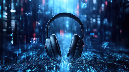 A pair of modern headphones set against a vibrant, futuristic background. Digital elements and glowing effects create a high-tech ambiance, ideal for themes of technology and innovation.の素材