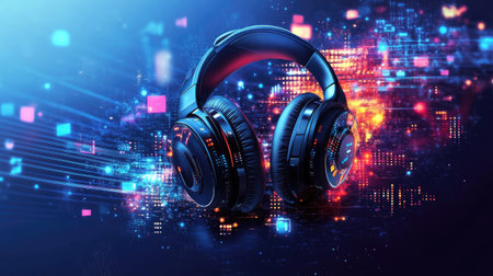 A stunning representation of audio technology featuring vibrant headphones on a colorful digital background, symbolizing sound waves and modern music experiences.の素材