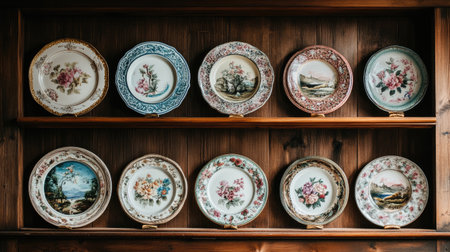 A charming display of vintage decorative plates showcasing intricate floral designs. Perfect for adding elegance and history to any home interior.の素材