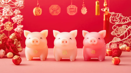 This delightful stock photo features three cute pig figurines in soft pink hues against a bold red background, perfect for Lunar New Year celebrations.の素材