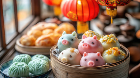 A visually appealing arrangement of colorful dumplings and steamed buns in a traditional basket, perfect for showcasing culinary culture and celebration.の素材