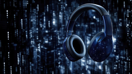 A pair of stylish wireless headphones with a starry background, symbolizing modern technology and immersive sound experiences in a sleek design.の素材