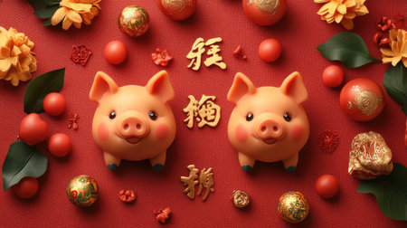 This vibrant image features two cute pig figurines against a red background, symbolizing joy and prosperity for Lunar New Year celebrations. Perfect for festive themes.の素材