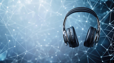 Pair of stylish black headphones placed on a digital abstract background, symbolizing modern technology and sound innovation. Perfect for music lovers and tech enthusiasts.の素材
