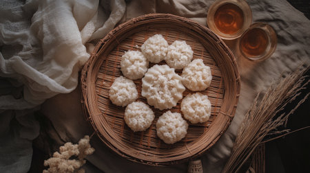 A beautiful arrangement of traditional dessert on a woven plate with warm drinks beside it, capturing the essence of cultural culinary artistry and hospitality.の素材