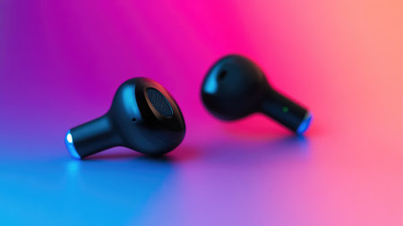 Capture the essence of modern technology with these wireless earbuds resting on a vibrant gradient background, highlighting their sleek design and cutting-edge functionality.の素材