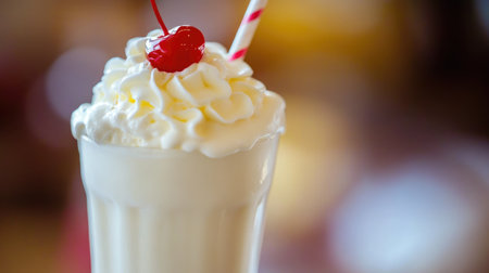 A delicious creamy vanilla milkshake topped with whipped cream and a cherry, served in a tall glass with a straw. Perfect for summer enjoyment.の素材