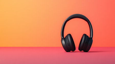 Sleek black headphones stand on a vibrant gradient background, showcasing a perfect blend of modern design and audio performance, ideal for technology and lifestyle themes.の素材