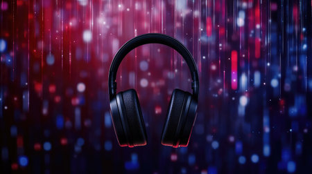 Stylish black headphones stand out against a vibrant abstract background, representing sound and music in a creative, modern design. Perfect for technology themes.の素材