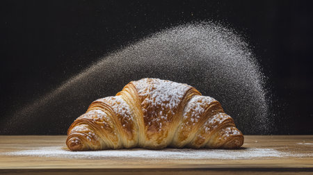 A beautifully presented freshly baked croissant dusted with powdered sugar rests on a rustic wooden board, showcasing its flaky texture and golden color, perfect for breakfast or a delicious treat.の素材
