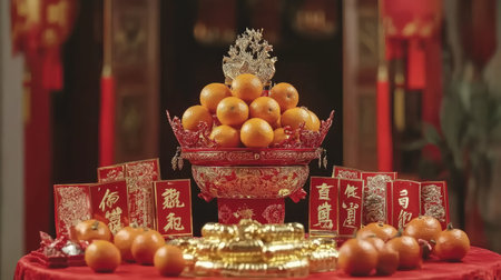 A beautifully arranged traditional Chinese New Year altar featuring fresh oranges and vibrant decorations symbolizing prosperity, abundance, and good fortune during the festive season.の素材