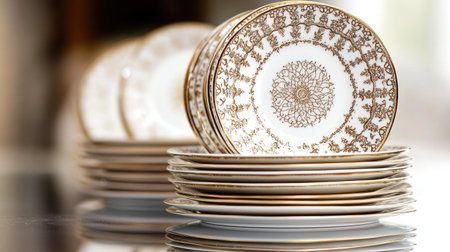 A stack of elegant porcelain plates featuring intricate gold designs, perfect for upscale dining or special occasions. Ideal for showcasing refined taste and style.の素材