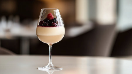 An elegant dessert glass showcases a creamy dessert topped with fresh raspberries and blackberries. Perfect for fine dining or special occasions.の素材