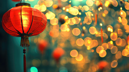 A vibrant red Chinese lantern hanging against a dazzling bokeh background, symbolizing festive celebrations and cultural richness, evoking warmth and joy.の素材