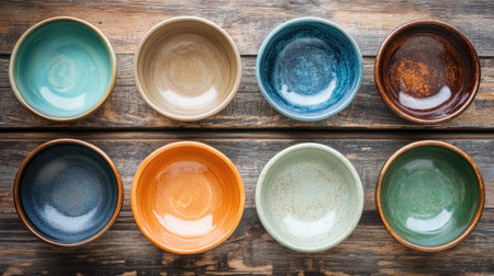 A vibrant array of ceramic bowls in various colors displayed on a rustic wooden surface. Perfect for showcasing artistic designs and enhancing dining aesthetics.の素材