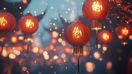 Stunning scene showcasing glowing lanterns hanging gracefully in a festive night sky. Ideal for capturing the spirit of celebration and cultural richness.の素材