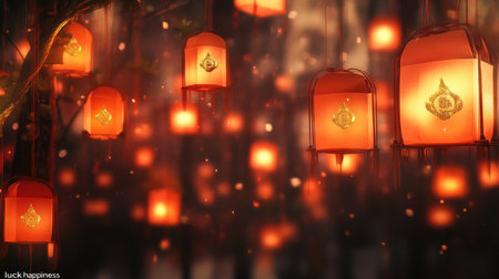 A mesmerizing scene of glowing lanterns hanging in a mystical forest, creating a warm and enchanting atmosphere. Perfect for cultural and artistic themes.の素材