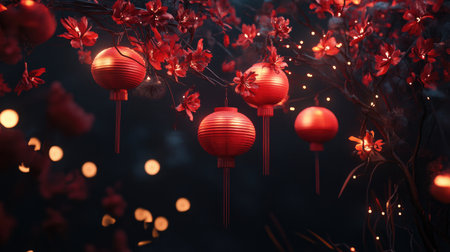 A captivating scene featuring red lanterns suspended among vibrant cherry blossoms, evoking a sense of serenity and celebration in a picturesque night setting.の素材