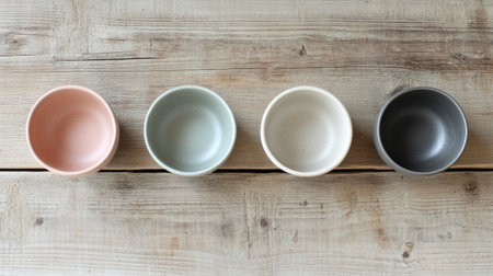 A set of four colorful ceramic bowls displayed on a rustic wooden surface, showcasing soft pastel colors. Perfect for kitchen decor or serving food.の素材