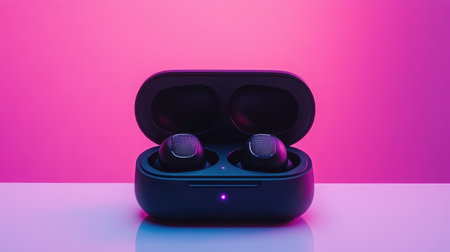 A pair of modern wireless earbuds in a sleek charging case, set against a vibrant and colorful purple background, perfect for tech enthusiasts.の素材