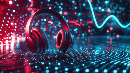 A captivating image featuring futuristic headphones surrounded by vibrant light waves and a digital backdrop, showcasing the intersection of technology and audio experience.の素材