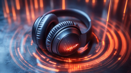 A stylish pair of modern headphones rests against a vibrant backdrop of sound waves and neon lights, capturing the essence of audio technology and musical enjoyment.の素材