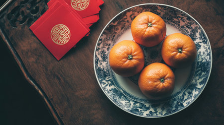 A visually appealing arrangement featuring fresh oranges on a decorative plate, accompanied by traditional red envelopes, creating a warm and inviting atmosphere.の素材