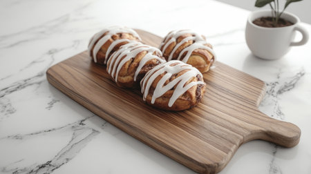 Enjoy a delightful presentation of freshly baked cinnamon rolls drizzled with creamy icing, elegantly arranged on a wooden board against a marble backdrop. Perfect for any occasion!の素材