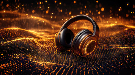 Stunning modern headphones sit elegantly on a wavy background of glowing golden particles, symbolizing innovation and elegance in sound technology.の素材