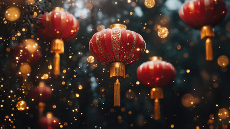 A stunning display of vibrant red lanterns glowing in a beautiful backdrop of shimmering bokeh lights. Perfect for celebrating culture and festivities.の素材