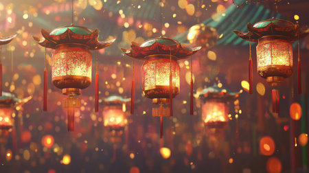 Beautiful lanterns create a vibrant and festive atmosphere at night, illuminating the surroundings with warm light and intricate designs, perfect for celebrations.の素材