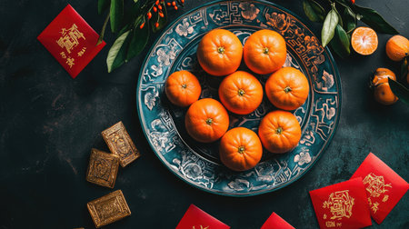 A vibrant display of fresh oranges on an ornate blue plate, symbolizing prosperity and good fortune for celebrations, surrounded by red envelopes and green leaves.の素材