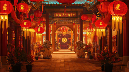 A stunning view of a traditional Chinese corridor adorned with vibrant red lanterns illuminating the serene pathway, capturing the essence of cultural celebration.の素材