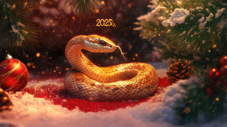 A beautifully rendered snake sits gracefully among Christmas decorations in a winter setting, symbolizing the new year, 2025, with warmth and elegance.の素材