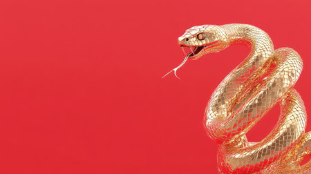 This image showcases a detailed golden snake sculpture with a striking red background. The intricate design highlights the elegance and beauty of this symbolic creature.の素材