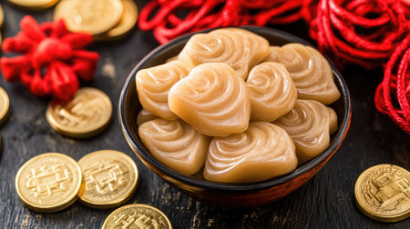 Delightful heart-shaped dessert placed elegantly on a table, surrounded by festive decorations. This sweet treat represents joy and celebration during cultural festivities.の素材